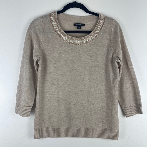 Banana Republic Scoop Neck Sweater Cream Polyester Wool Blend Medium Beaded - Picture 1 of 6